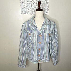 KIM ROGERS size L Denim Jacket Button-up Long Sleeves BLUE GREEN Striped COTTON